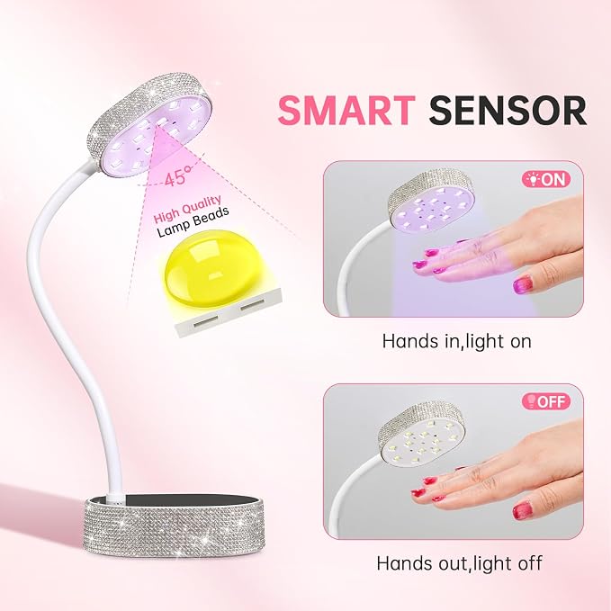Flash Cure Nail Lamp, UV Nail Lamp for Gel Nail, Cordless, LCD, Auto Sensor | 36W | Type-C | 1500mAh | Rhinestone | Mini Size | Gooseneck | Easy to Carry | DIY Manicure | White Diamond