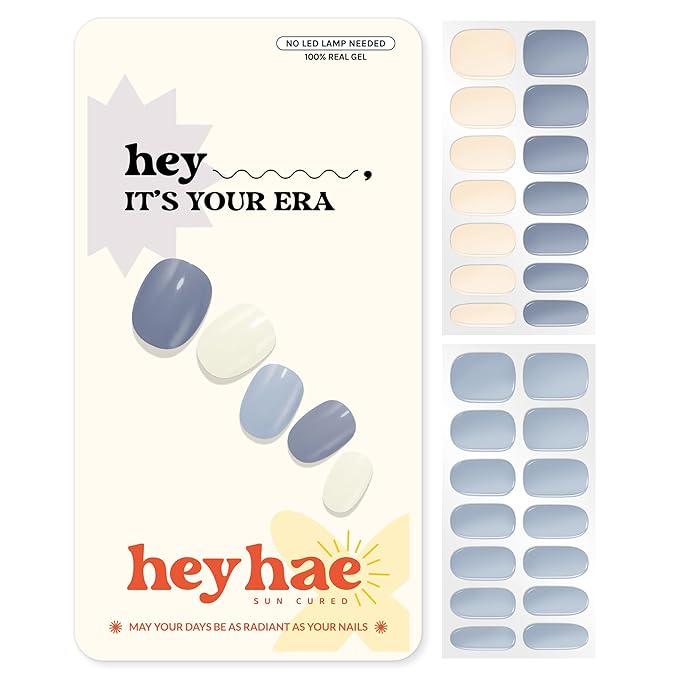 Heyhae Semi Cured Gel Nail Strips Salon Quality - Hey, It's Your Era | No UV Light Needed | Salon Quality, Easy Apply & Remove | 28 Strips, 1 Prep Pad, Nail File, Wooden Stick | Blue Solid