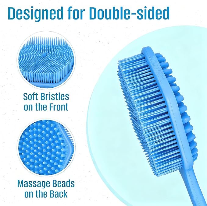 14" Silicone Back Scrubber for Shower, Long Handle Body Brush | Soft Bristles Exfoliate&Massage Skin. Non-Slip Grip, Reach Full Back Easily. Ideal for Men&Women, Bath Use. Blue.