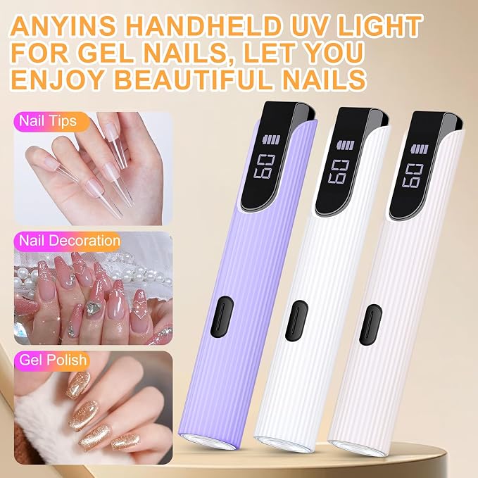 Handheld UV Light for Gel Nails, Nude Pink Gel Light for Nails Cordless Nail Lamp with LCD Display Fast & Even Curing for All Gel Types Rhinestone Glue Decoration DIY at Home Salon, Travel