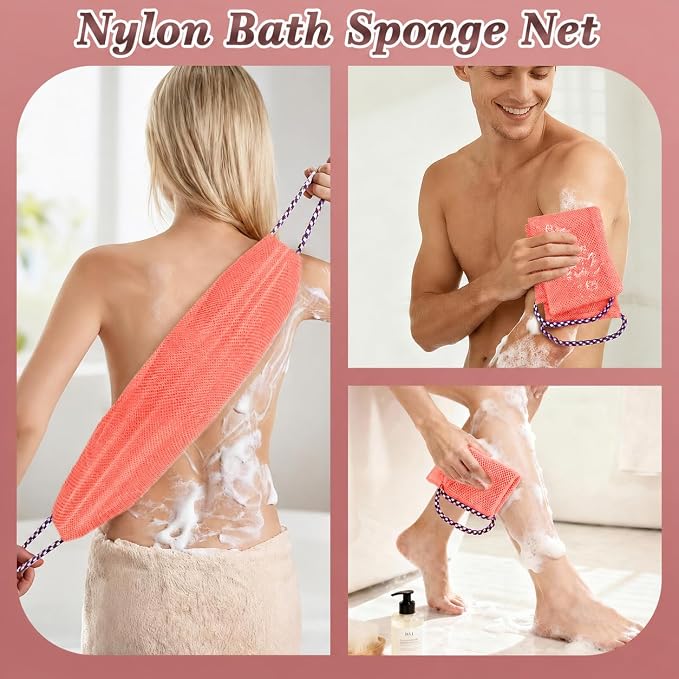 Manmihealth Dual-Sided Silicone Body Scrubber & African Bath Sponge Net Set | 2-in-1 Silicone Shower Shampoo Brush Africa Wash Net, Lather Well, Strong Exfoliating, Body Hair Wash (Pink)