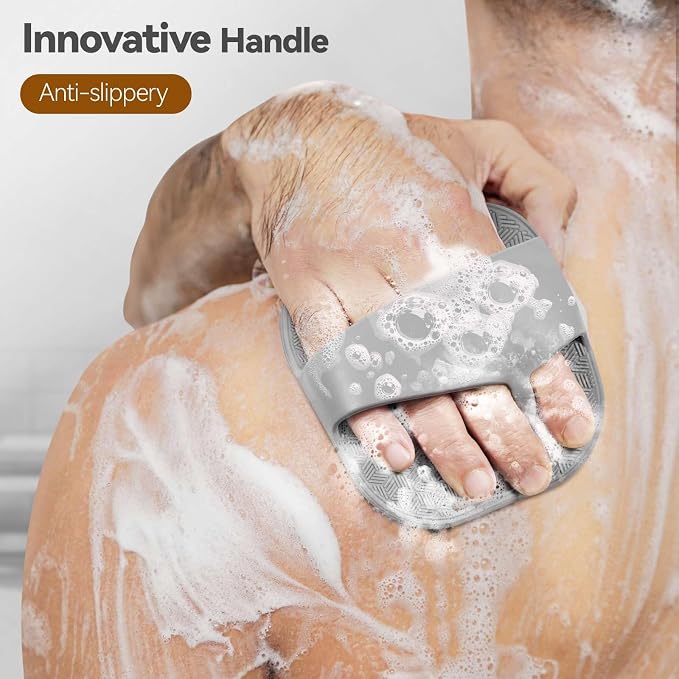 Zinc Infused Silicone Body Scrubber for Men, New Upgrade Deep Exfoliating Body Scrubber for Shower, Silicone Loofah Men for Sensitive Skin with Lathering Bristles and Ergonomic Non-Slip Handle (Gray)