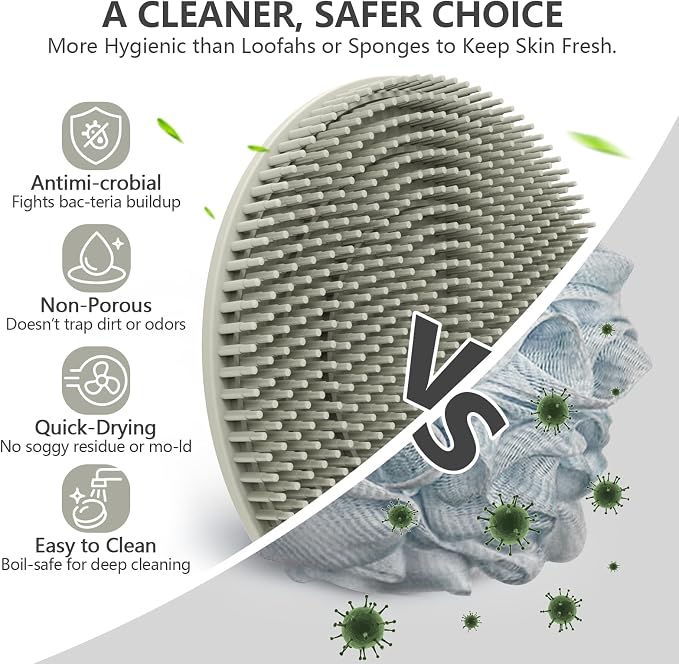 Silicone Body & Face Scrubber Set 3 Pack, BEAUTAIL Gentle Shower Scrubber | Hygienic Silicone Loofah, Easy-Grip Handle, Soft Exfoliating Bath Brush for Sensitive Skin, Women, Men & Kids (Black+Gray)