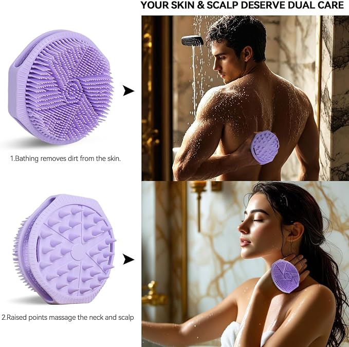 Dual-Sided Silicone Body Scrubber, Silicone Loofah for Shower Exfoliating Body Brush Scrubber for Men and Women for All Skin, Scalp Massager Lather Well＆Easy to Clean (Purple)