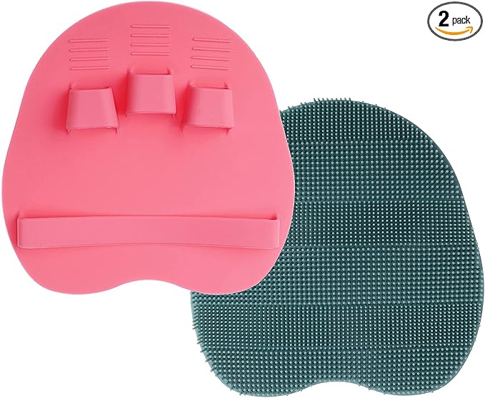 2 Pack Soft Silicone Shower Brush, Body Scrubber Exfoliating Skin Massage | Body & Face & Short Hair Wash, Dry Skin Brushing Glove Loofah, Fit for Sensitive and All Kinds of Skin (PeonyPink+Green)