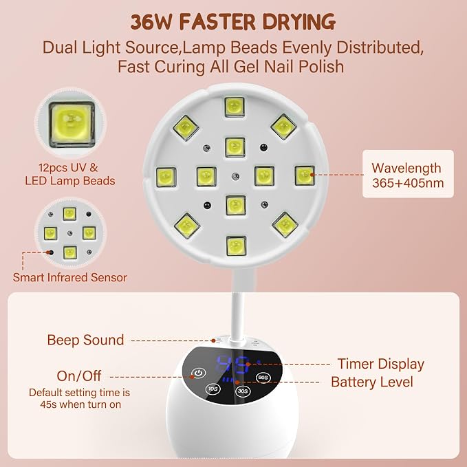 UV LED Nail Lamp Cordless 36W Mini UV Light for Gel X Nails Tips,Portable Hands Free Flash Cure Light,USB Rechargeable Nail Dryers with Sensor & 4 Timers,Rotatable Gooseneck Manicure Gel Polish Lamp