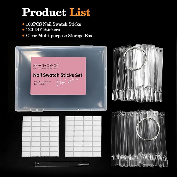 PEACECOLOR 100 Pcs Nail Swatch Sticks with Ring, Nail Color Swatches Display Kit with 120 Blank Number Sticker & Protective Container Box - Clear Fan-Shaped Swatch for Nail Art Practice Home and Salon