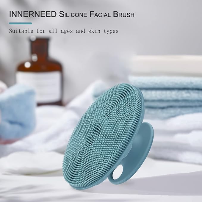 Silicone Face Brush Handheld Facial Cleansing Scrubber, Dark Green+Pink | Gentle Exfoliating, Massaging, Makeup Remover, Oil Remover, Food-grade Soft Bristle, Hygienic for All Skin Types, INNERNEED