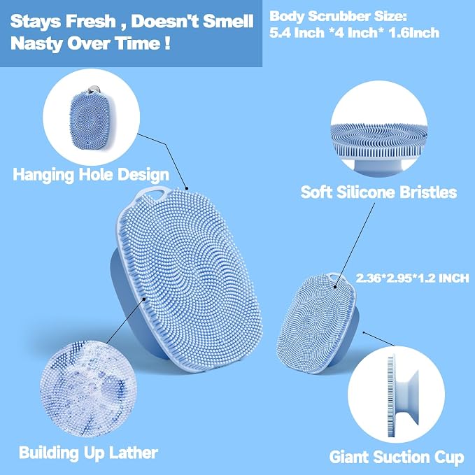 Soft Silicone Body Scrubber, Face Scrubber Silicone, Gentle Texture Exfoliating Body Scrubber for Men and Women On Sensitive Skin, Back Large Suction Cup for Easy Dry and Store (Blue)