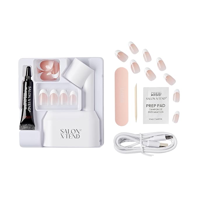 Kiss Salon X-tend, Press-On Nails, Nail glue included, Pure', Light White, Medium Size, Oval Shape, Includes 30 Nails, 5Ml Led Soft Gel Adhesive, 1 Led Lamp, 1 Prep Pad, 1 Manicure Stick, 1 Mini File
