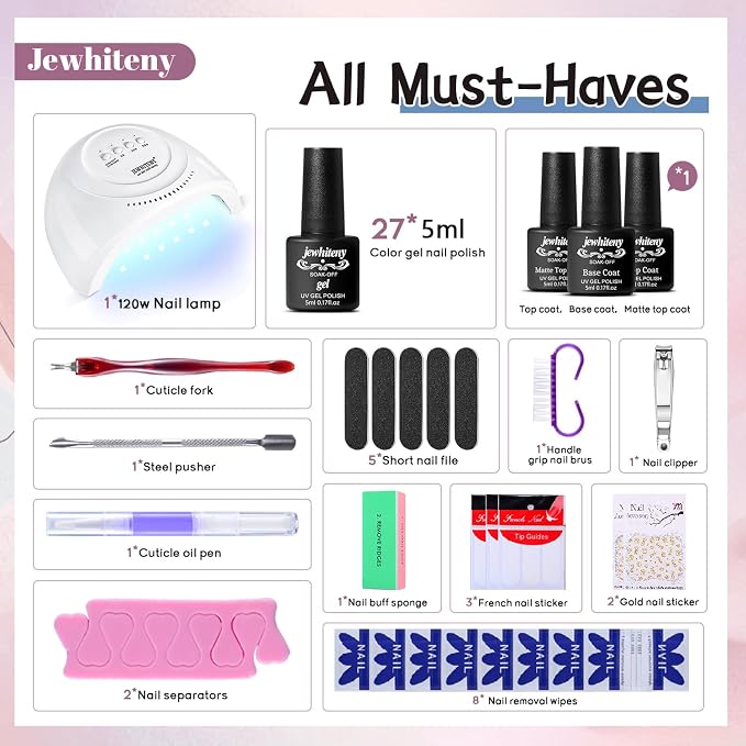 JEWHITENY 27 Colors Nail Polish Kit with U V Light, U V LED Nail Dryer Lamp Curing Gel Nail Polish Set Popular Gel Polish Set DIY at Home, Nail Manicure Tools