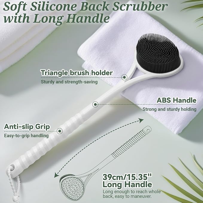 Silicone Back Body Face Scrubbers Set 4PCS, 15.35’’ Back Scrubber Soft Body Scrubber for Dual-Side Usage, Easy-to-Hold Soft Bath Glove & Face Scrubber for Good Foaming Deep Cleaning(Black)