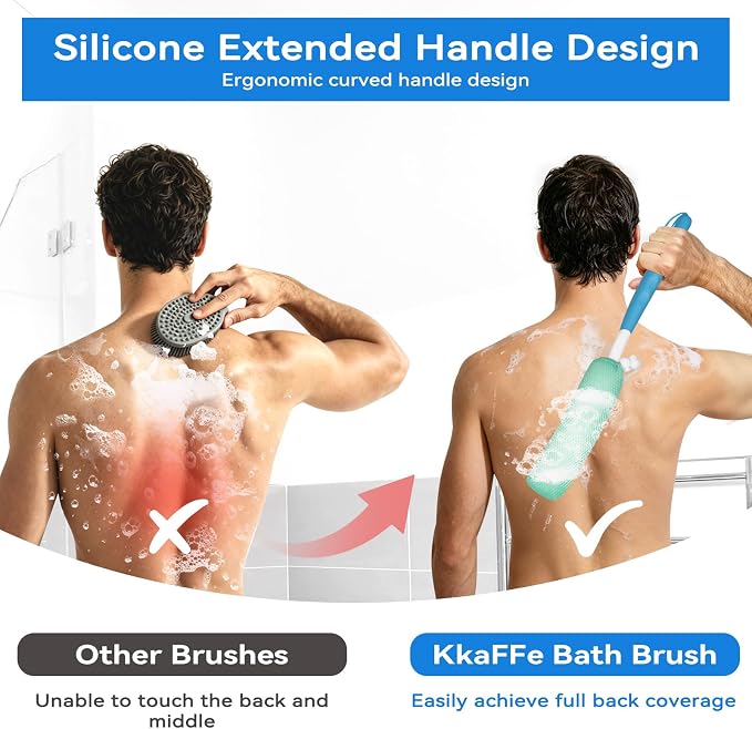 Back Bath Brush with Sponge, 15.39"Back Scrubber with Anti-Slip Long Handle | Back Scrubber for Shower, Curved Long Handle Bath Body Brush for Elderly Aid Bathing and Shower, Exfoliating Body Scrubber