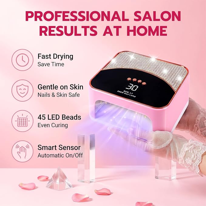 268W UV LED Nail Lamp with 4 Timers for Gel Nails, Pink | Gel nail dryer for home salon use. Ideal for DIY nail art enthusiasts and beginners with multiple timer settings