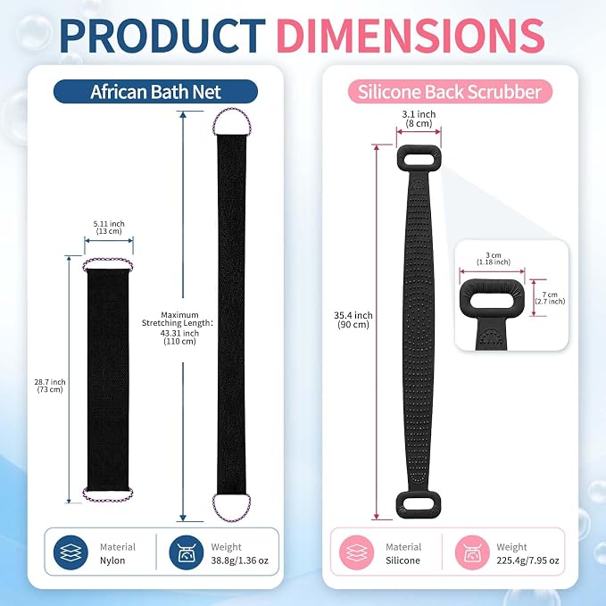 Manmihealth Silicone Back Scrubber for Shower & African Net Sponge Set | 36'' Dual-Sided Back Washer & African Long Bath Sponge, Extendable Long Silicone Body Brush (Black+Black)