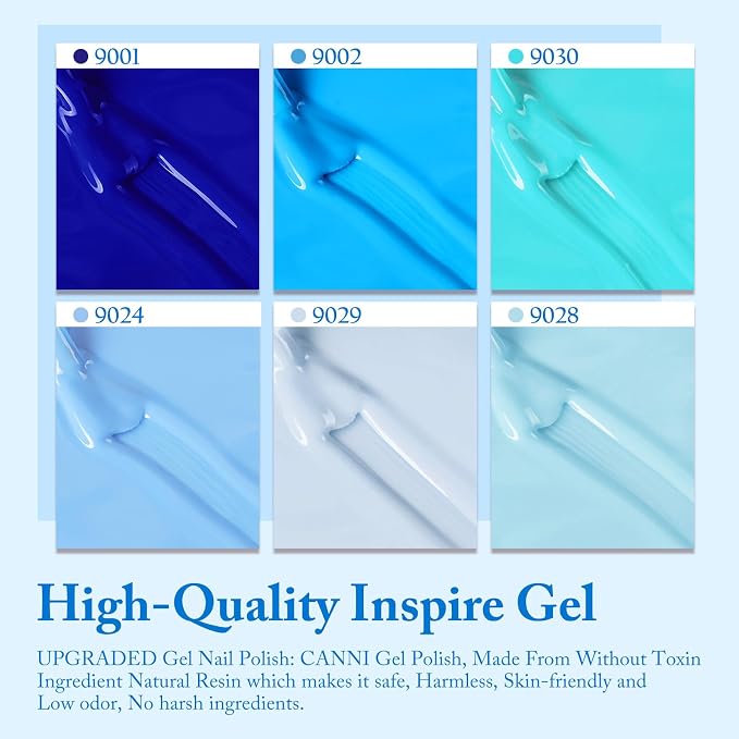 CANNI 9ML Gel Nail Polish Set, 6 Blue Shades UV LED Soak Off Gel Polish | Smooth Application • Highly Pigmented • Glossy Finish • Long-Lasting Wear • Nail Art • Salon DIY Manicure • Easy Application