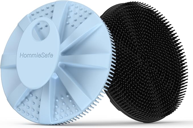 Soft Silicone Shower Brush Body Wash Bath Exfoliating Skin Massage Scrubber | 2 Pack Dry Skin Brushing Glove Loofah, Fit for Sensitive and All Kinds of Skin(Sky Blue+Black)