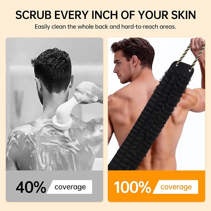 Extra Wide Shower Back Scrubber with Handles, 40 Inches Dual-Sided Back Washer, Body Exfoliator for Men with Larger Body Types. Foaming on One Side, Exfoliating on the Other for Deep Cleansing (XL)