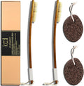 ICANdOIT-17.71Inch Natural Boar Bristles Anti-Slip Long Handle Bath Brush,Bent Handle Shower Scrubber for Exfoliating,Shower Back Brush,Exfoliation Set with Pumice Stone(2 Pack)