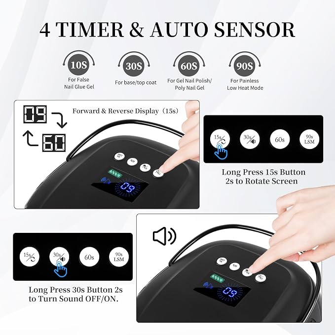 126W Rechargeable UV LED Nail Lamp, Portable Cordless Nail Dryer with Auto Sensor and 4 Timer Settings, Professional Curing Lamp for Gel Polish and Salon (Black)