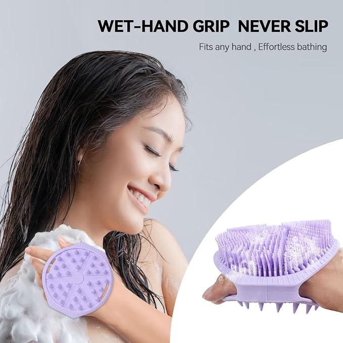 Dual-Sided Silicone Body Scrubber, Silicone Loofah for Shower Exfoliating Body Brush Scrubber for Men and Women for All Skin, Scalp Massager Lather Well＆Easy to Clean (Purple)