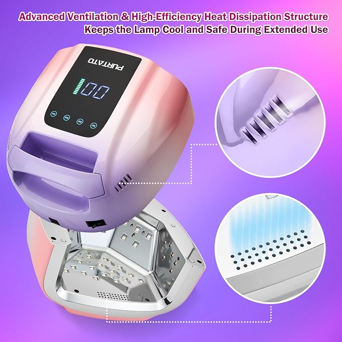 PURTATO Professional Rechargeable 96W UV LED Portable Cordless UV Light for Nail Lamp Machine with Removable Stainless Steel Bottom,4 Timer Setting and Smart Sensor Nail Dryer (Purple&Pink)
