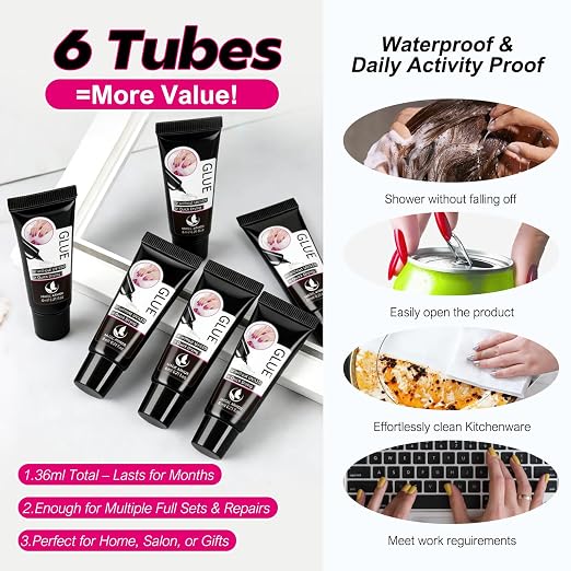 Nail Glue for Press On Nails 6ml x 6Pcs, No UV Light Semi Solid Nail Glue | Super Strong Glue Mini Tubes Quick Drying Gel Long Lasting for Fake Acrylic Nails