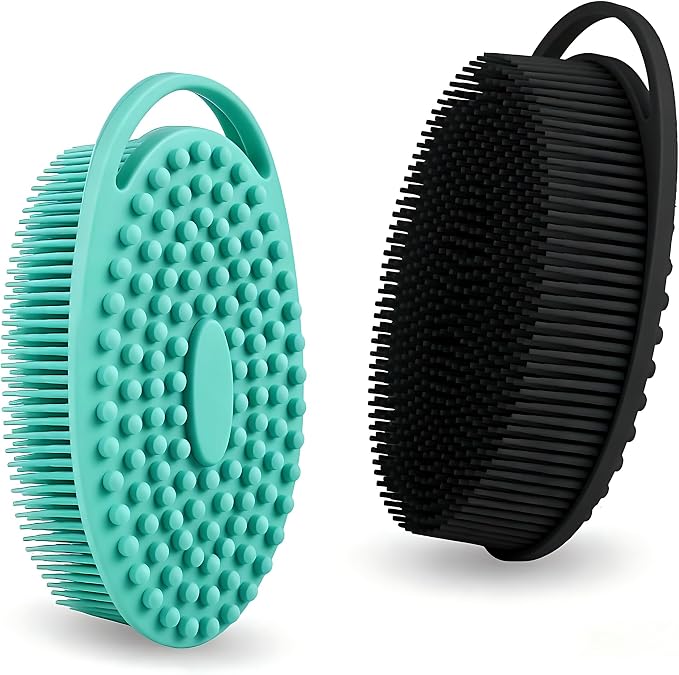 2 Pack Silicone Body Scrubber, Exfoliating Shower Scrubber for All Skin | 2 in 1 dual-sided design, soft bristles and massage bumps side, fast-drying, non-slip handle, for women and men, Black+Green
