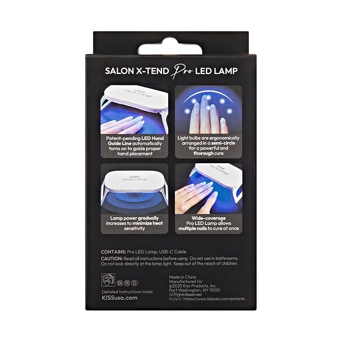 Kiss Salon X-tend Pro LED Lamp, LED Gel Nail Kit System, 10 Watts, For Curing Salon X-tend Press On Nails, Wide Coverage, LED Hand Guide, USB-C Power Cord Included