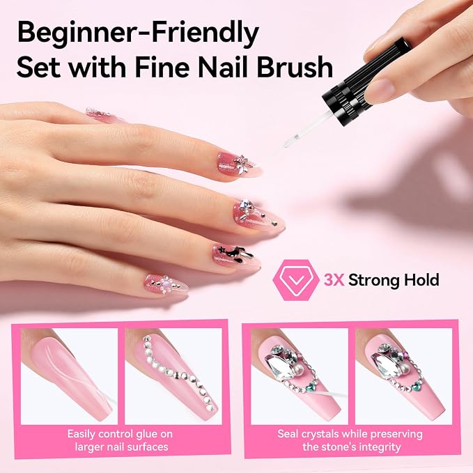 Makartt Nail Rhinestone Glue: Precision Tip and Brush for Tiny Gems 4 x 8ml | Low Viscosity, UV/LED Cured, Gap Filling, Small Charms, Glitter, Pearls and Sequins, 3D Sculpting, DIY and Salon Use