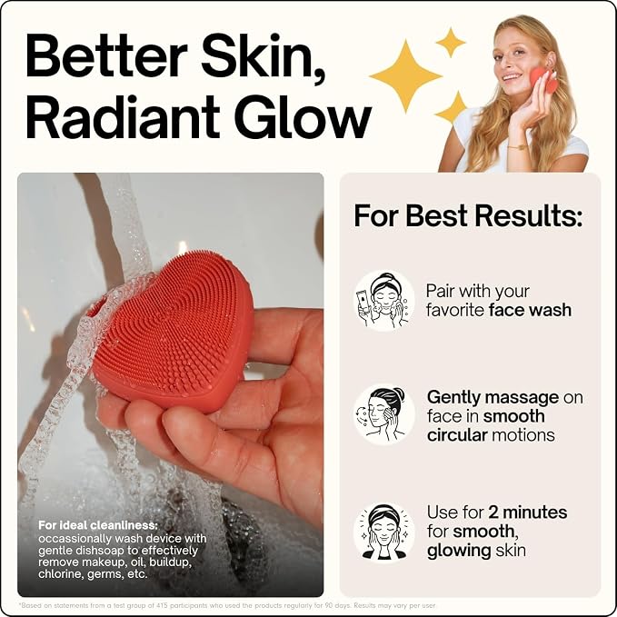 Heart Face Clean Pro⁺ - Electric Silicone Facial Scrubber for Acne with 7000+ Sonic Pulses - IPX7 Waterproof Rechargeable Exfoliator with Slip-Free Grip, 3 Speed Settings & Phthalate-Free - Cherry