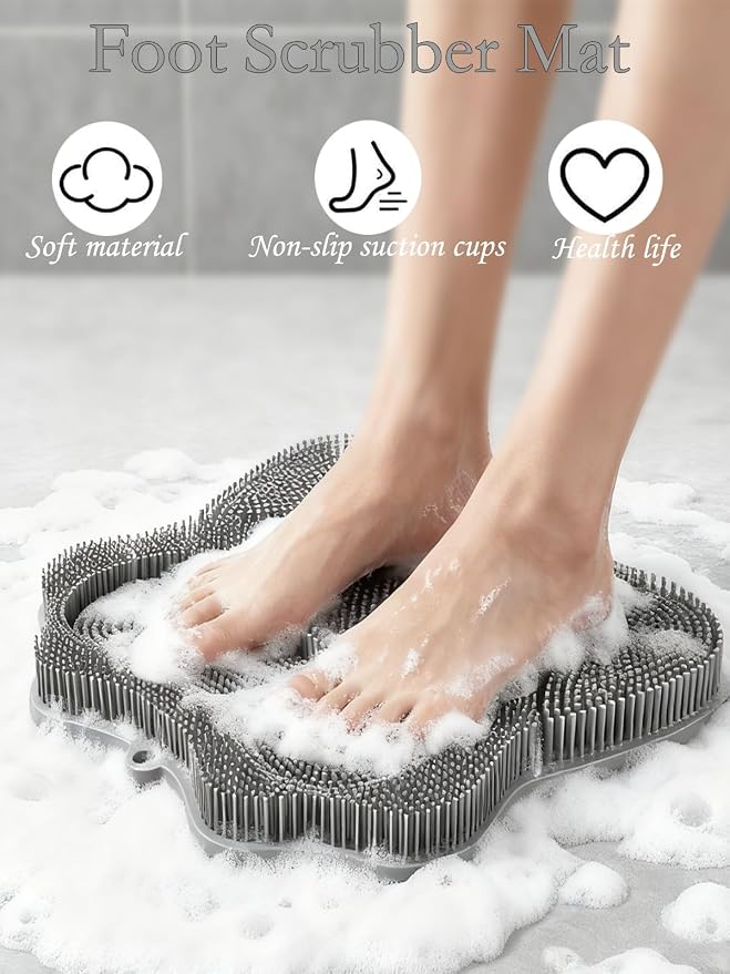 2PACK Shower Foot Scrubber Mat,Wall Mounted Back Scrubber Silicone Bath Massager Cushion Brush with Non-Slip Suction Cups,Foot Scrubber for Use in Shower for Improve Skin Exfoliation(Grey&Grey)