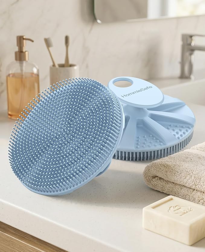 1 Pack Soft Silicone Shower Brush, Body Exfoliating Skin Massage Scrubber | Body Wash Bath Dry Skin Brushing Glove Loofah, Fit for Sensitive and All Kinds of Skin(Sky Blue)