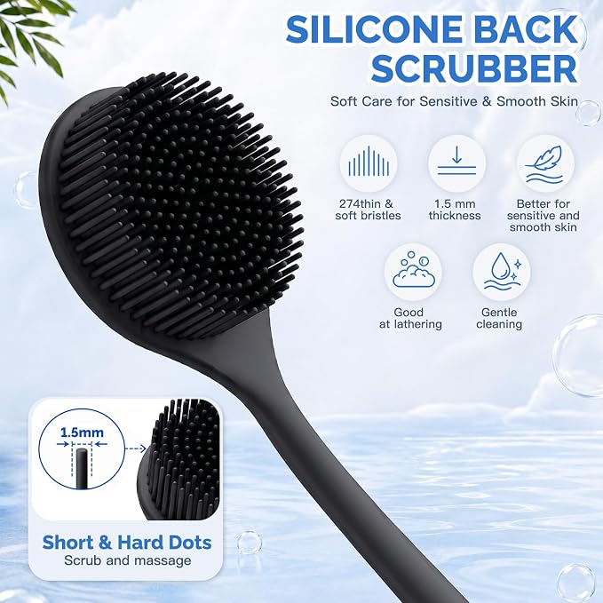 Manmihealth Silicone Back Scrubber & Soft Shower Brushes Set 2PCS Black | Silicone Body Scrubber with Thin Dense Bristles & Bath Glove Brush Combination, Super Lathering & Exfoliating