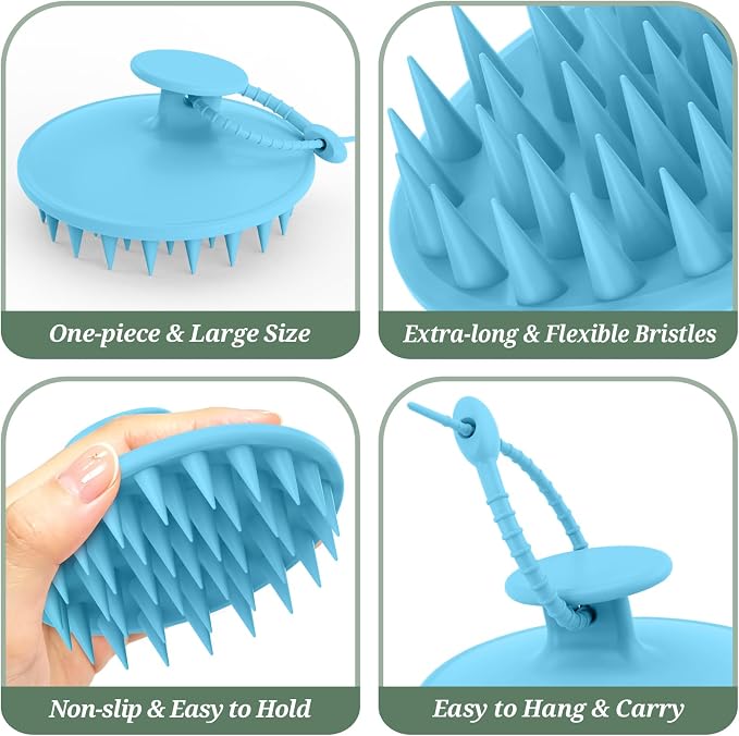 Silicone Back/Body/Face Scrubber & Scalp Massager Set 5PCS, 13.4'' Soft Back Scrubber, 360° Anti-Slip Bath Glove, Unique Side-bristled Face Scrubber, Shampoo Brush for All-Round Cleaning(Blue)