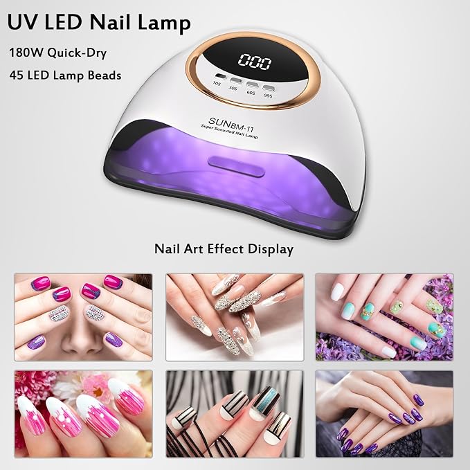 HVEST UV LED Nail Lamp 180W Nail Dryer for Gel Polish Smart 4 Timer Nail Cure Lamp 45 Lamp Beads Fast Drying Professional Nail Supplies Nail Light for Gel Nails
