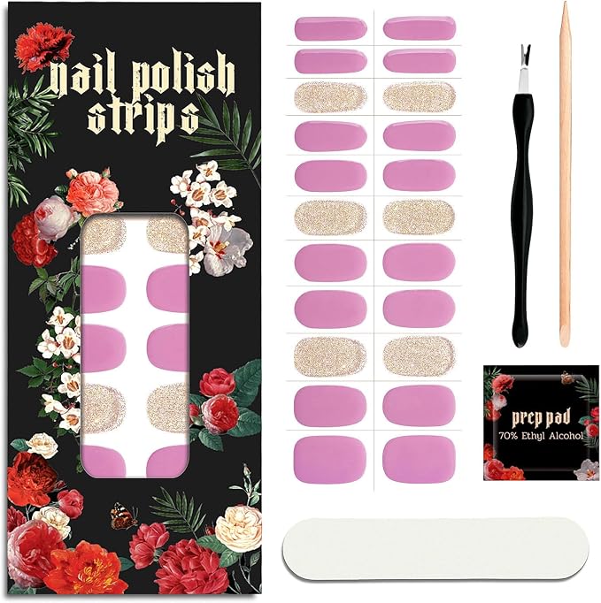 Nail Polish Strips - No UV Lamp Needed (Berry Gold Glitter) | 22 Pcs Salon Quality Gel Nail Stickers - Long Lasting Wraps Easy Application and Removal
