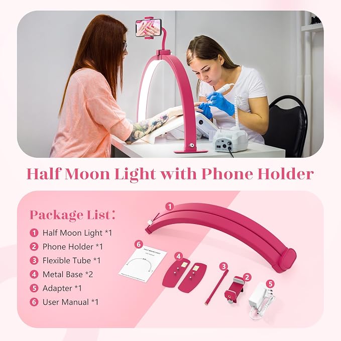 Yokilly Half Moon Light for Nail Desk: 29" Foldable Nail Light for Desk | AB Diamonds Arch Nail Tech Light with Phone Holder for Beginner - 3 Color Modes & 10 Brightness for Manicure Salon-RoseRed