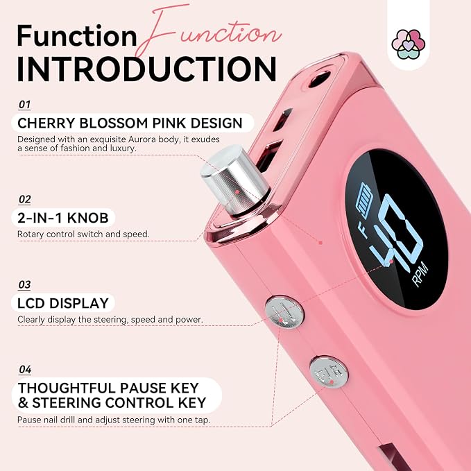 SAVILAND Professional Nail Drill : 40000RPM Rechargeable Pink Nail Drill Kit Electric Filer with 6000mAh Battery for Shaping, Removing & Polishing Acrylic Nails Home Salon Manicure Pedicure Ideal Gift