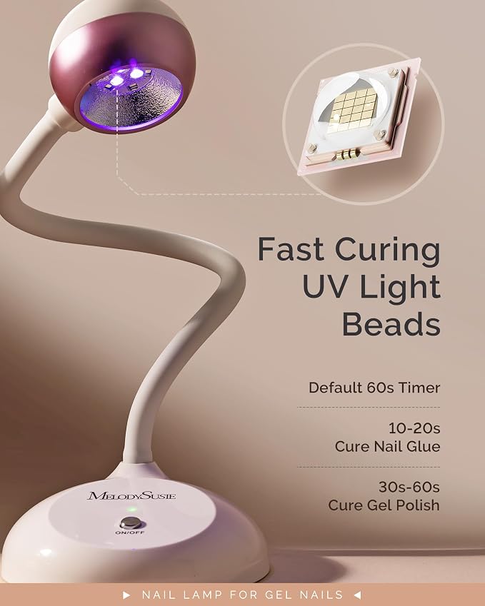 MelodySusie 360° 2-in-1 Gooseneck Nail Lamp S-Pro09M for Detail Work | 60s Timer, 2000mAh Battery, 6h Runtime, One-Touch Control, Rhinestone Glue, False Nail Glue, Cat Eye & Nail Tip