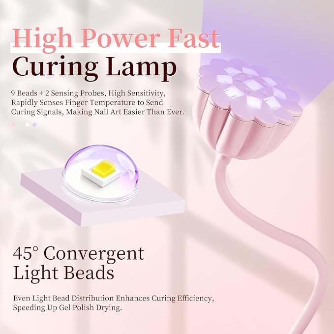 JODSONE Fast Curing U V Nail Lamp - Portable and Flexible Gooseneck Lamp with 360° Adjustable Design, Rechargeable LED Dryer for Gel Polish, Auto Sensor & 4 Timers, Home DIY Manicure Light Rose Pink