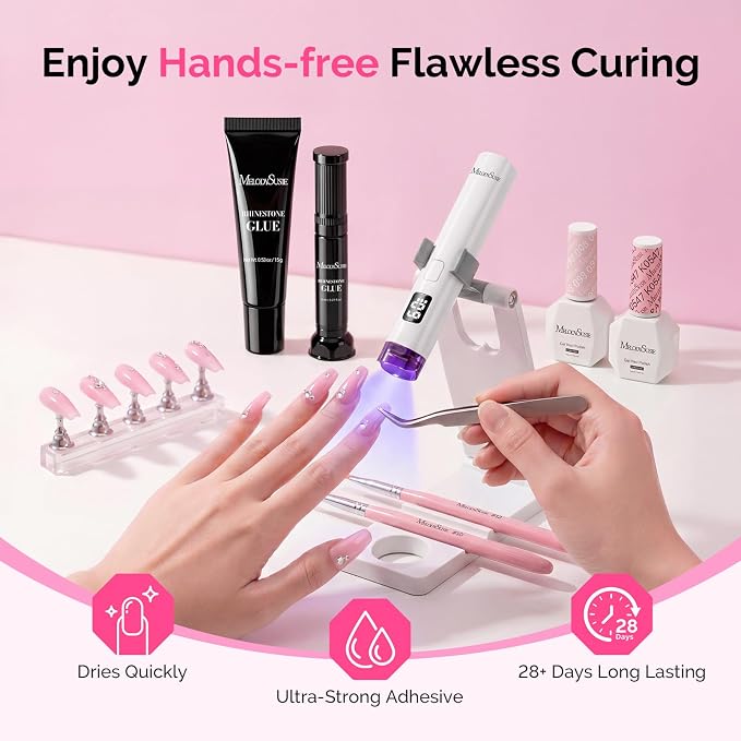MelodySusie White Handheld UV Light with Stand and Rhinestone Glue Kit | Cordless Spot Cure All Soft Gels 20s/60s Timer 450mAh Battery, Super Strong Gel Nail Glue Nail Art Design