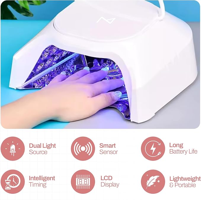 M - GlowPro Professional Hybrid 86W Wireless Rechargeable UV LED Nail Curing Lamp Cordless Nail Dryer for Gel Nails, Manicure, Pedicure (Pink)