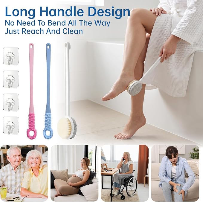 Foot Scrubber with Pumice Stone & 2 Pcs Toe Cleaning Brush, Long Handle Callus Remover for Feet, Toe Cleaning Brush for Dead Skin, Shower Foot Brush for Seniors, Elderly, Men Women (Include 4 Hooks)