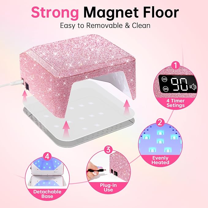 UV LED Nail Lamp, Plug-in Nail Dryer UV Light for Gel Nails Salon & Home | 39 Beads | 96W | Auto Sensor | Detachable Base | 4 Timers | Rhinestone | Pink Sparkly