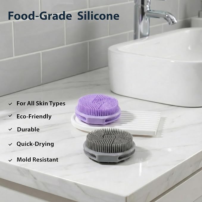MtBoi 2 Pack Silicone Exfoliating Body Scrubber, Soft Silicone Loofah for Sensitive Skin, 2-in-1 Body Brush & Shower Head Massager, Easy to Clean, Rich Lather (Gray&Pink)