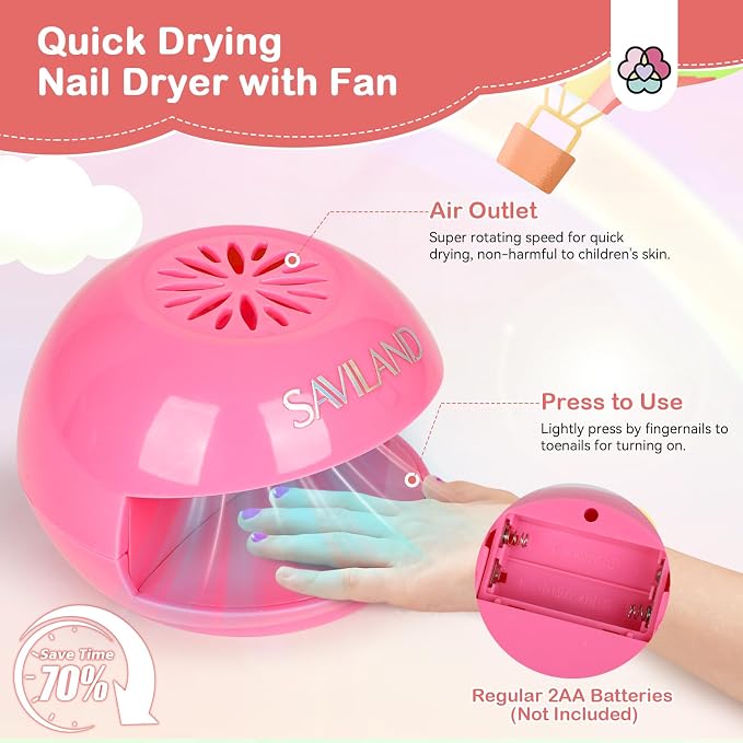 SAVILAND Mini Portable Battery Nail Dryer for Regular Polish and Teens | Safe U V-free gentle breeze, for girls aged twelve and up on the go, easy push switch finger plate, dries polish 50% faster