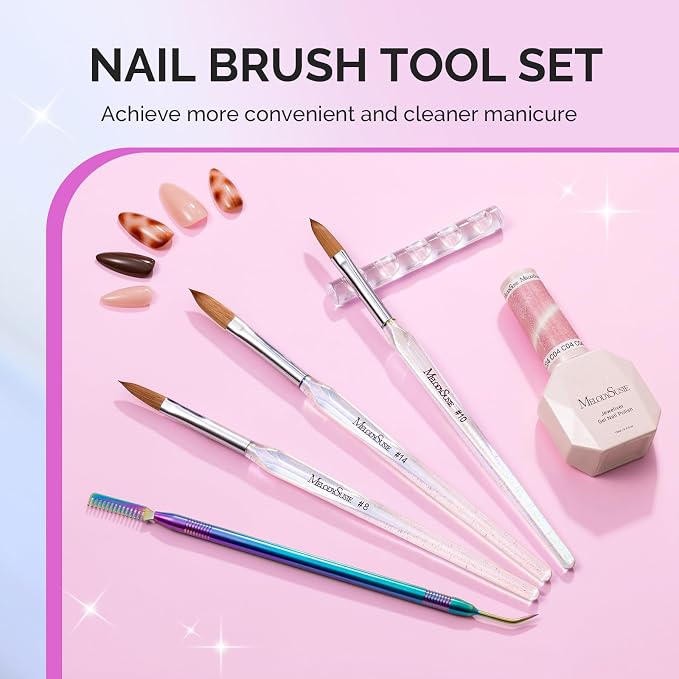 MelodySusie Acrylic Nail Brush Set, Size 8,10,14 Transparent Nail Brushes with Cleaner Tool and Brush Holder, for Acrylic Powder Nail Extension and 3D Nail Carving, Home DIY Salon