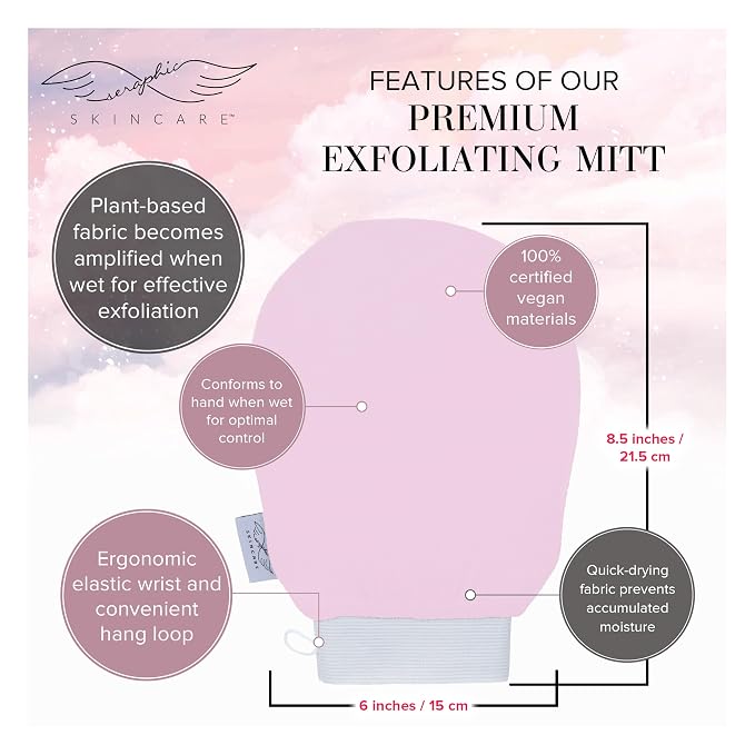 Seraphic Skincare Limited-Edition Pink Premium Exfoliating Mitt for Body 1pc – Exfoliating Glove & Body Scrubber for Shower Use, Deep Body Exfoliation, Dead Skin Removal & Self Tanner Washcloth