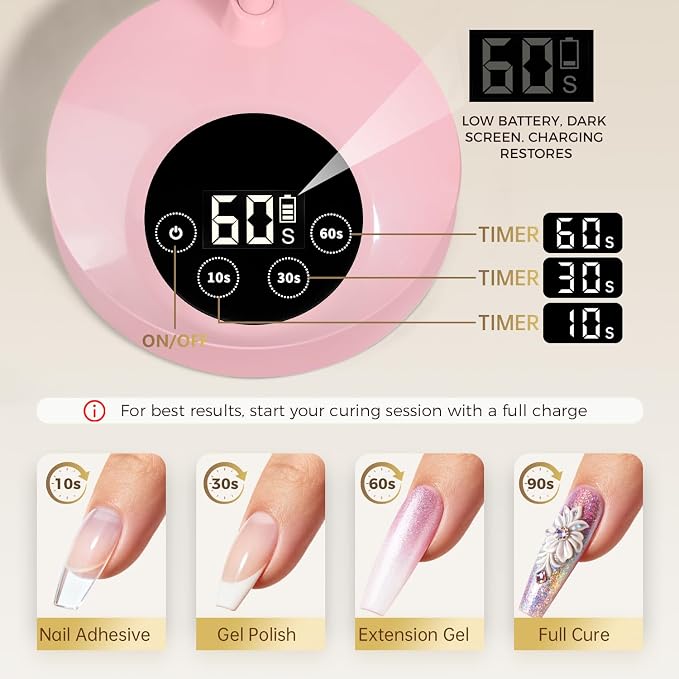 AORAEM UV LED Nail Lamp, Rechargeable Gooseneck Lamp for Gel Nails | Quick Dry LED Nail Light Nail Dryer with 4 Timers & Auto Sensor, Professional Flash Cure Light for Gel Nails Home DIY Pink